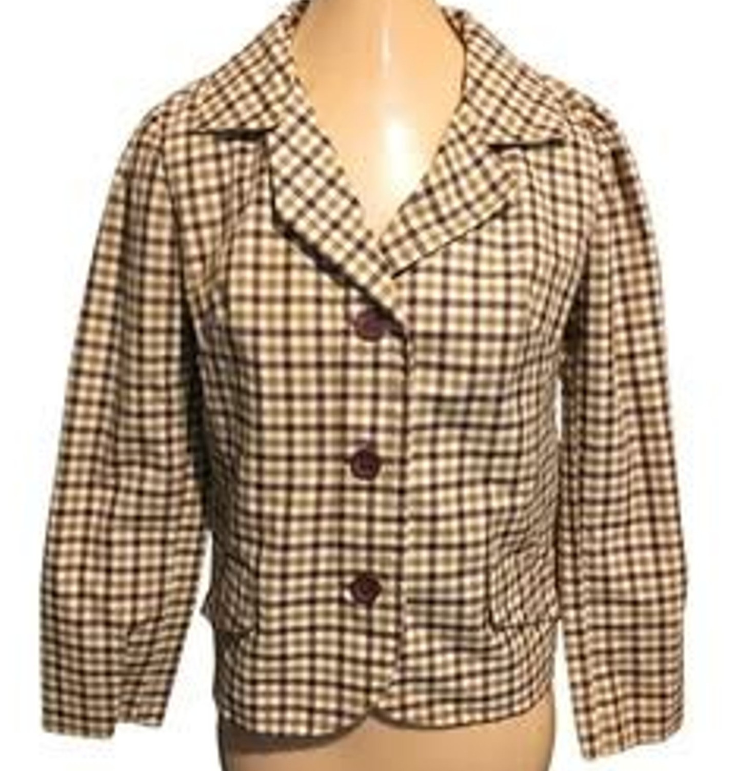 1960s Vintage Brown and Cream Checked Blazer Jacket, 34 Inch Bust, XS