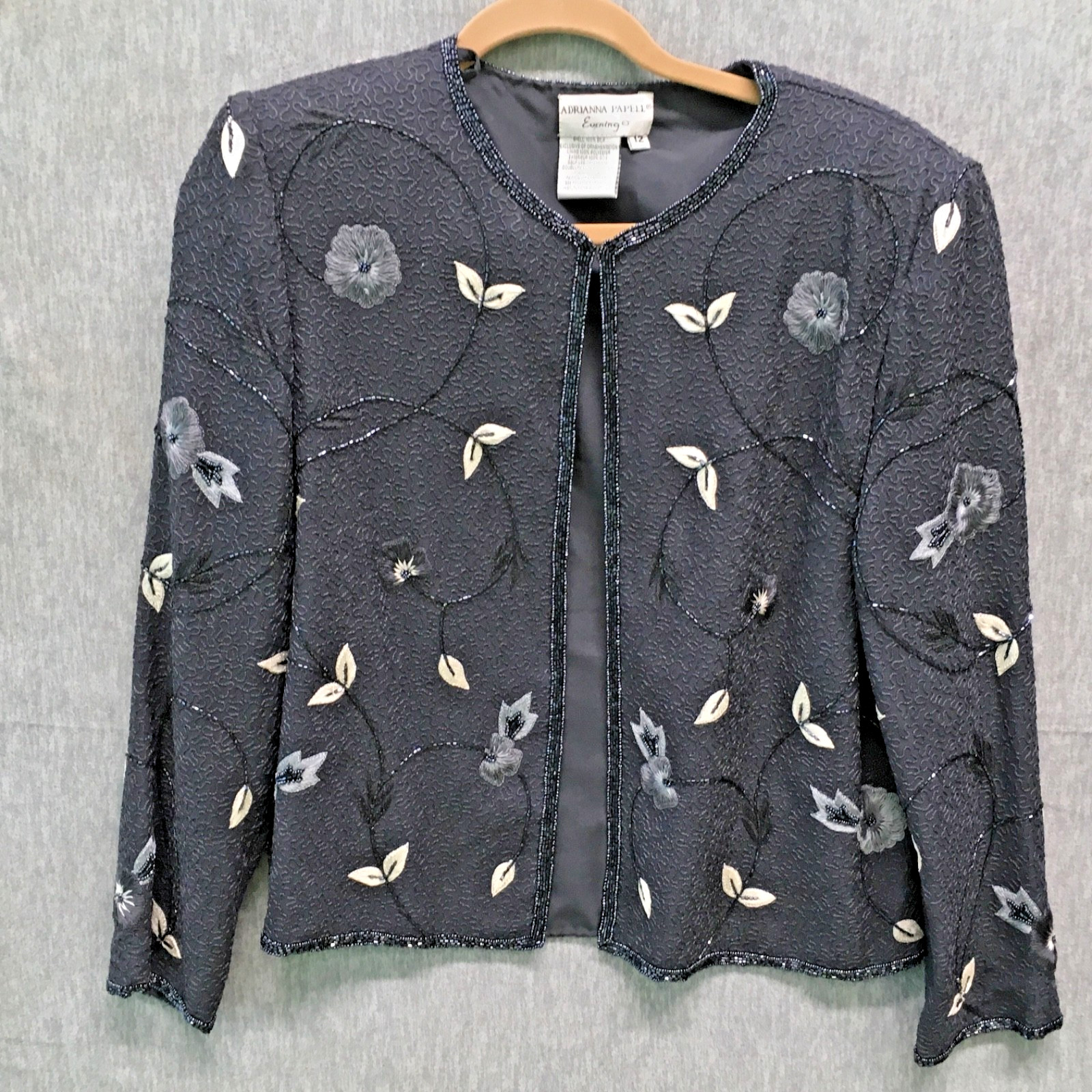 Adrianna Papell Evening Womens 12 Grey Beaded Sequin 100%Silk Long Sleeve Jacket