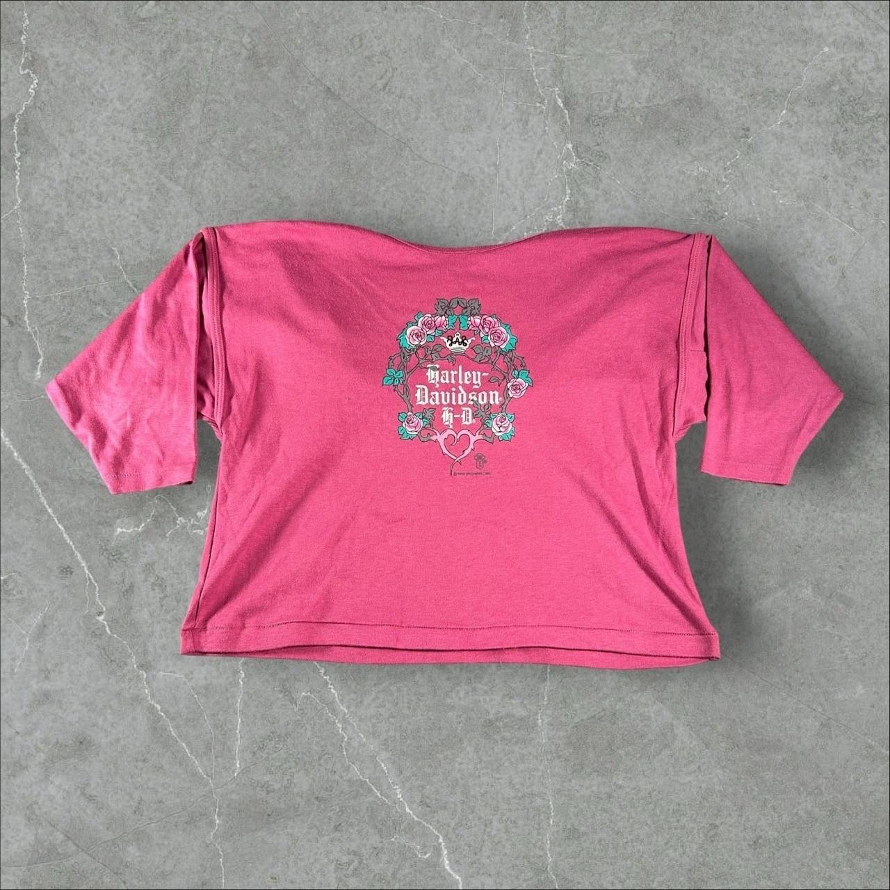 Vintage Harley-Davidson Shirt Womens Large Pink Floral V Neck 80s Biker Holubek