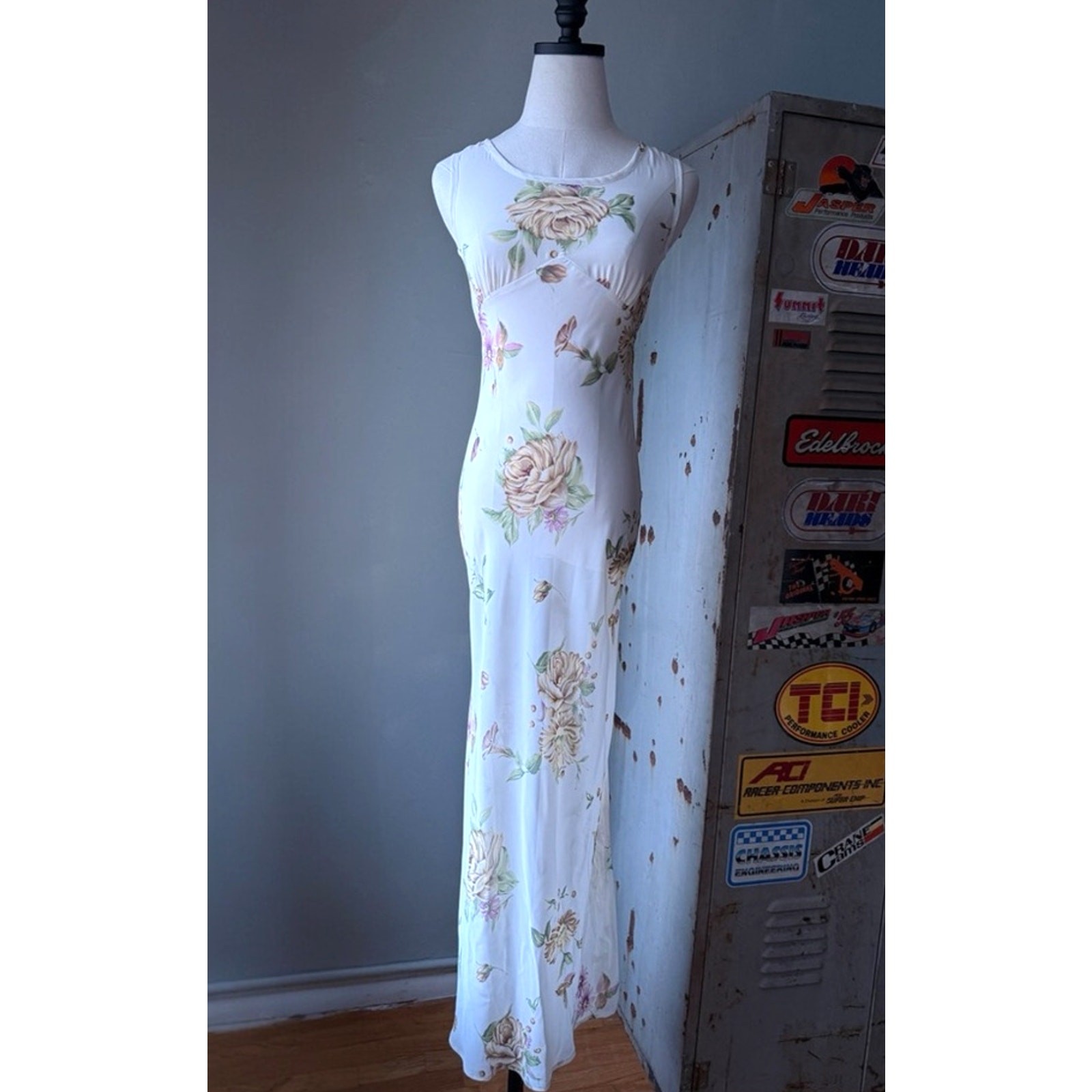 Vintage 90s Floral Slip Maxi Dress | Bias Cut Cream Rose Print Cottagecore | XS