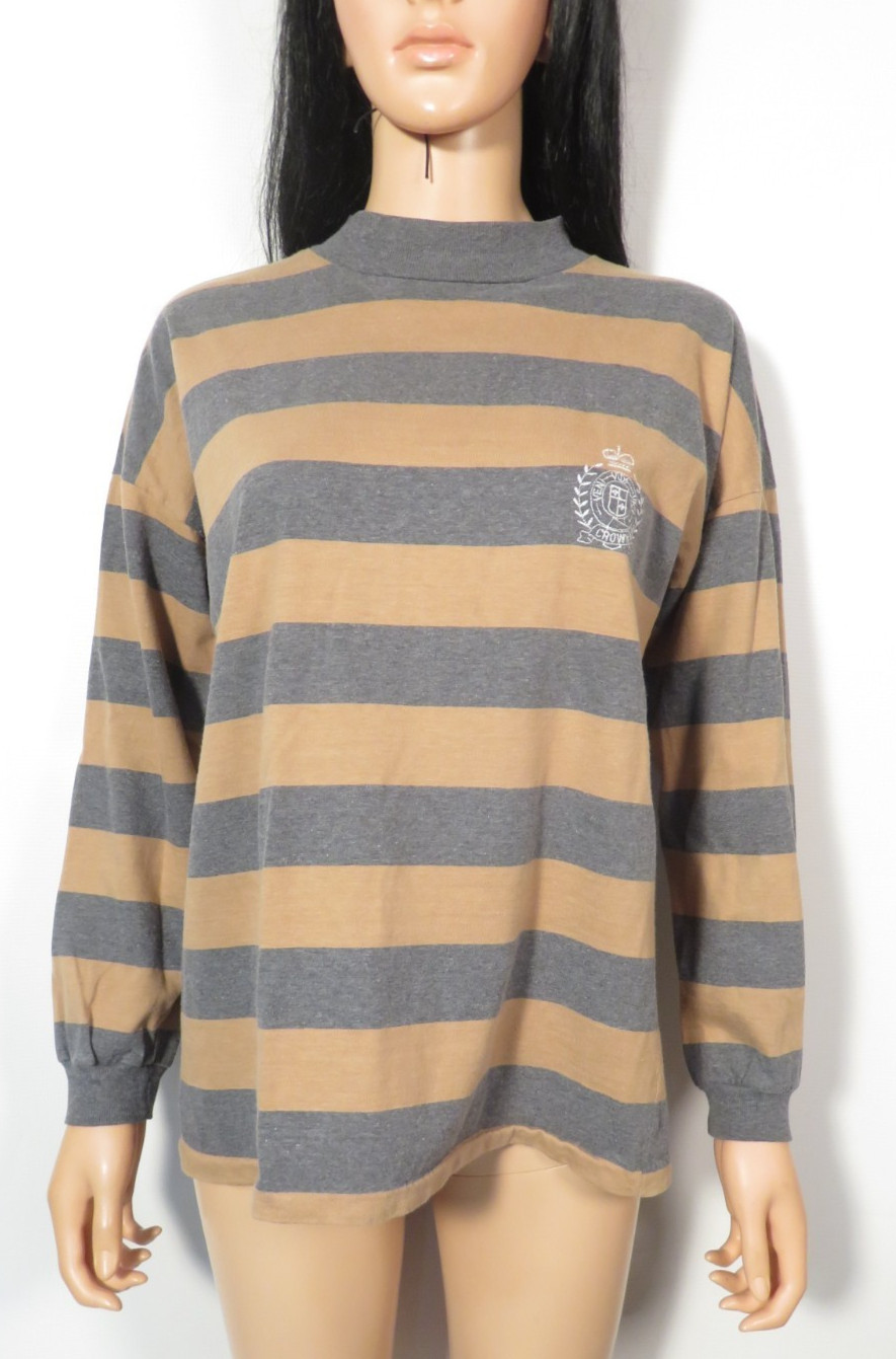 Vintage 80s/90s Gray And Khaki Striped Cotton Tshirt With Crest Logo Made In USA