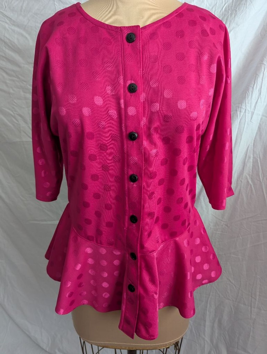 Vtg Hot Pink Polka Dot Jacquard Peplum Blouse 3/4 Sleeve Made in the USA Office