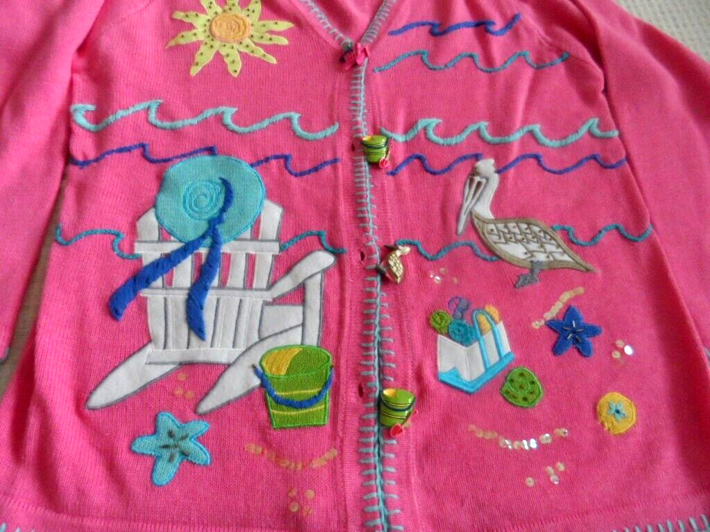 Vintage The Quacker Factory Beach Scene Embroidered Knitted Cardigan size Large