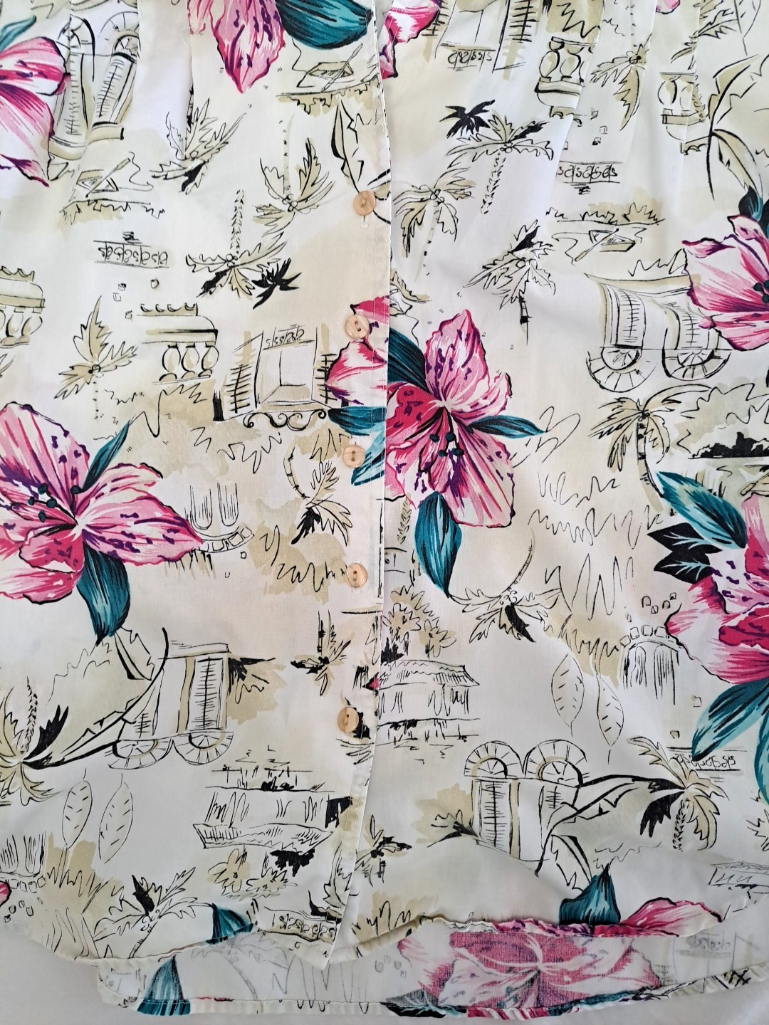 Vintage Caliche Women’s M Short Sleeve Blouse Floral & Architectual Print 1980’s