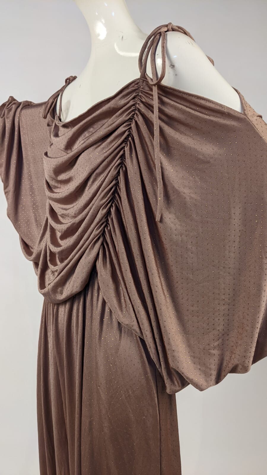 VINTAGE DRAPED METALLIC DOT RAYON LONG DRESS W MASSIVE PUFF SLEEVES 