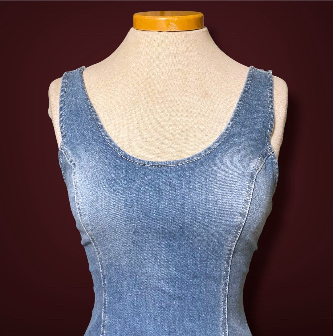 Vintage 1990’s Guess Stretch Distressed Denim Jean BodyCon Mini Tank Dress