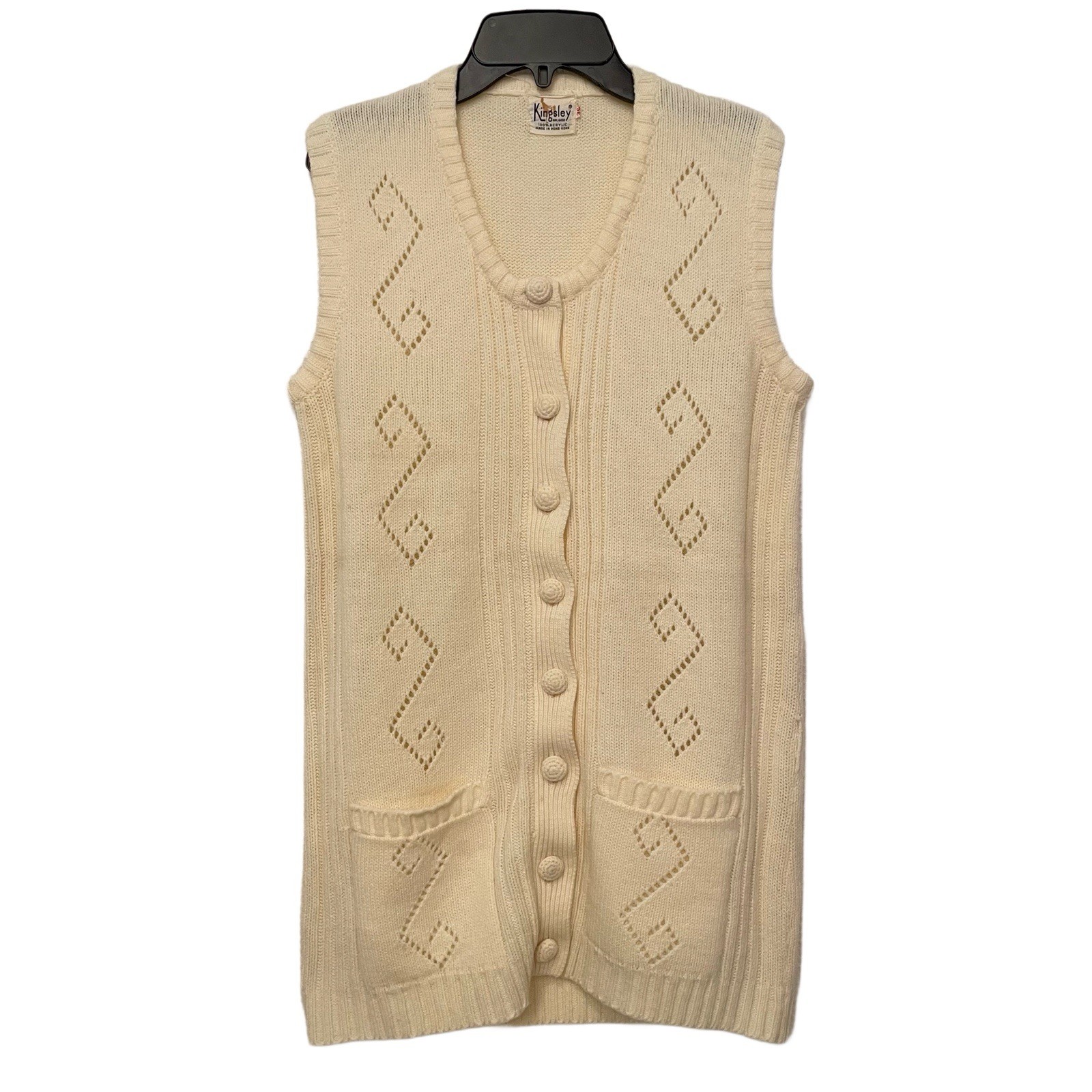 Vintage Kingsley Vest Cardigan Sweater Womens Small 36 Cream Acrylic Hong Kong