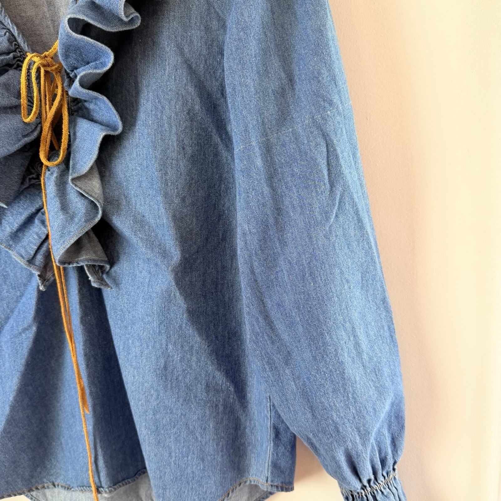 Vintage 80s Sophisticates Denim Ruffle Blouse Medium Cottagecore Prairie