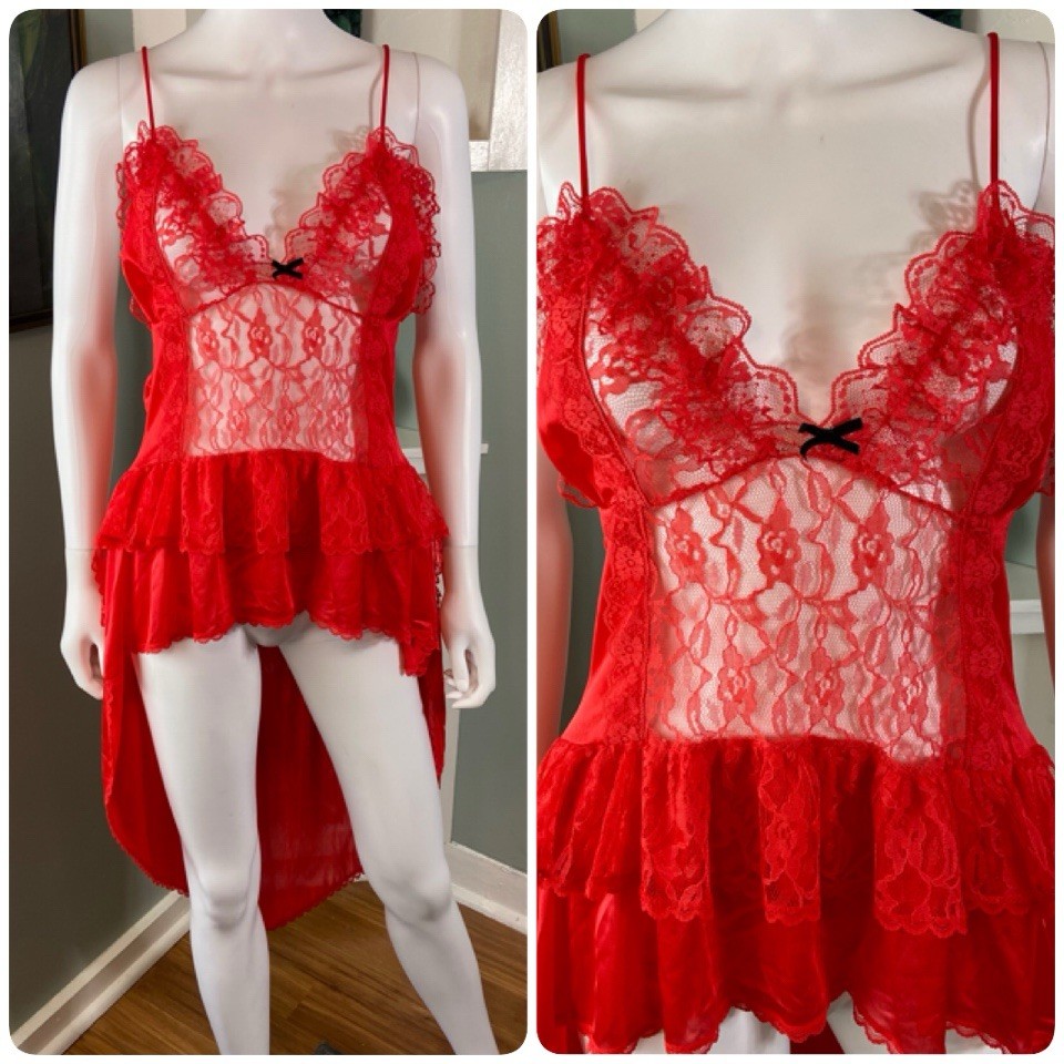 Vintage 80s Stroke of Midnight Sheer Lace Nylon High-Low Negligee Lingerie Large