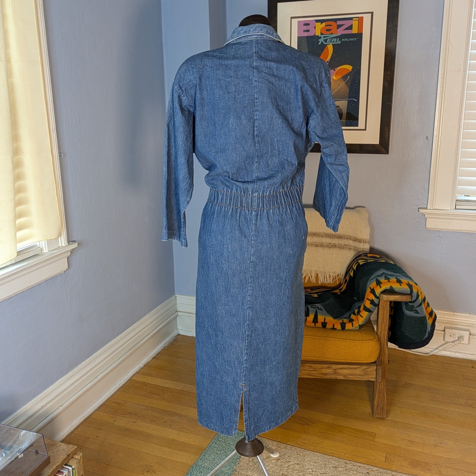 Vintage Ideas Denim Midi Dress Blue Wash 3/4 Sleeve Button Waist Size 9/10 80s