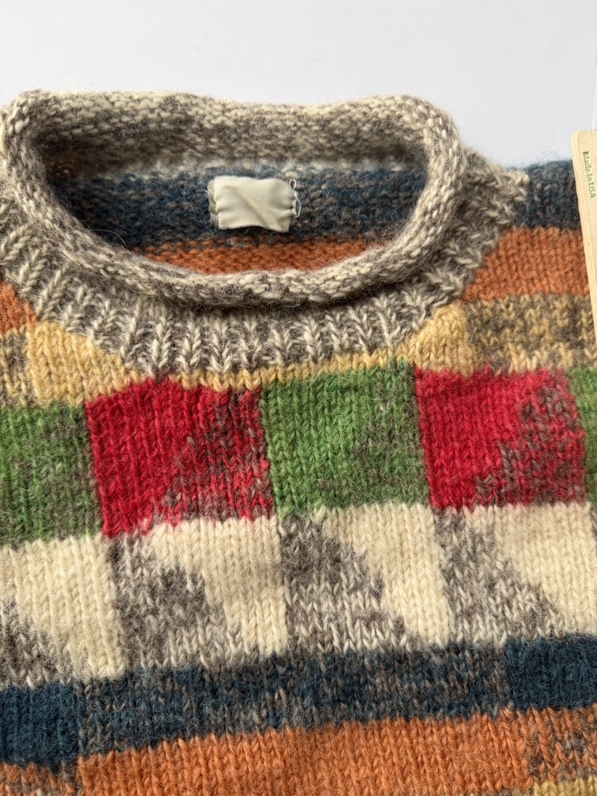 Vtg Patchwork Wool Knit Sweater L/XL Chunky Fuzzy Oversized Multicolor Bright