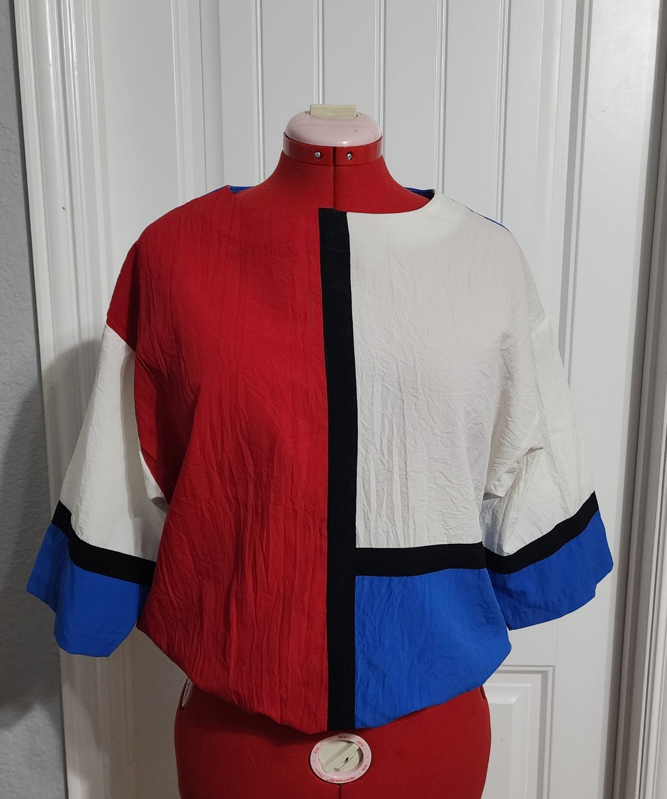Vintage 80s Colorblock Shirt By Devon Red, White, Blue, Black Sz M Elastic Waist