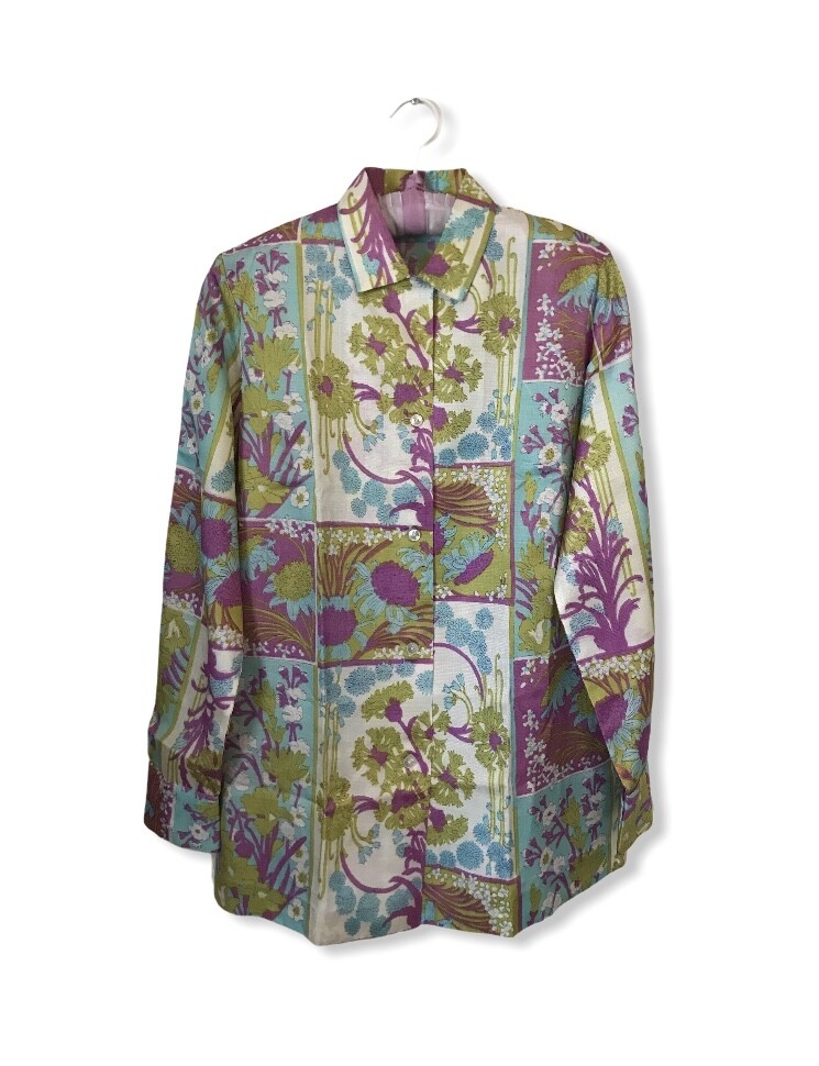 vtg 1960s 1970s LADY ARROW Floral Long Sleeve Secretary Blouse Womens SZ 12 Med