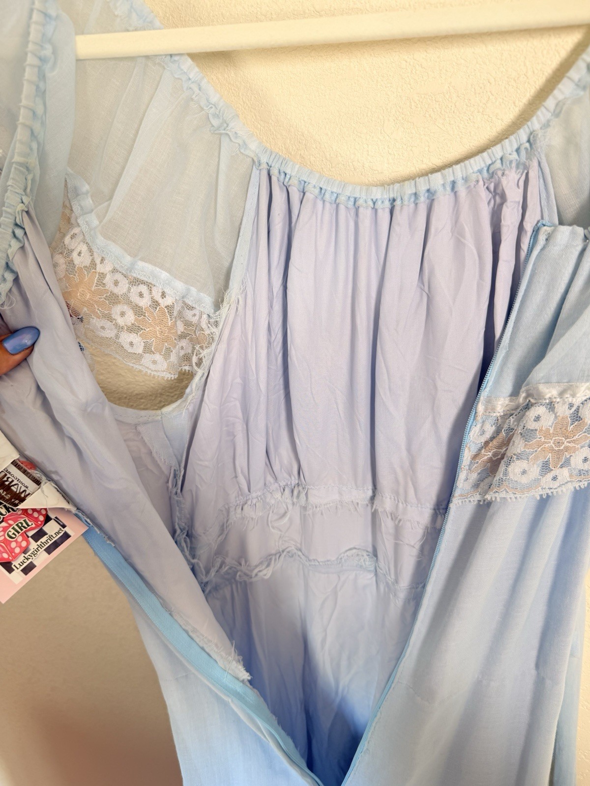 Vintage 70s Prairie Cottagecore Blue Lace Maxi Dress Off Shoulder Small