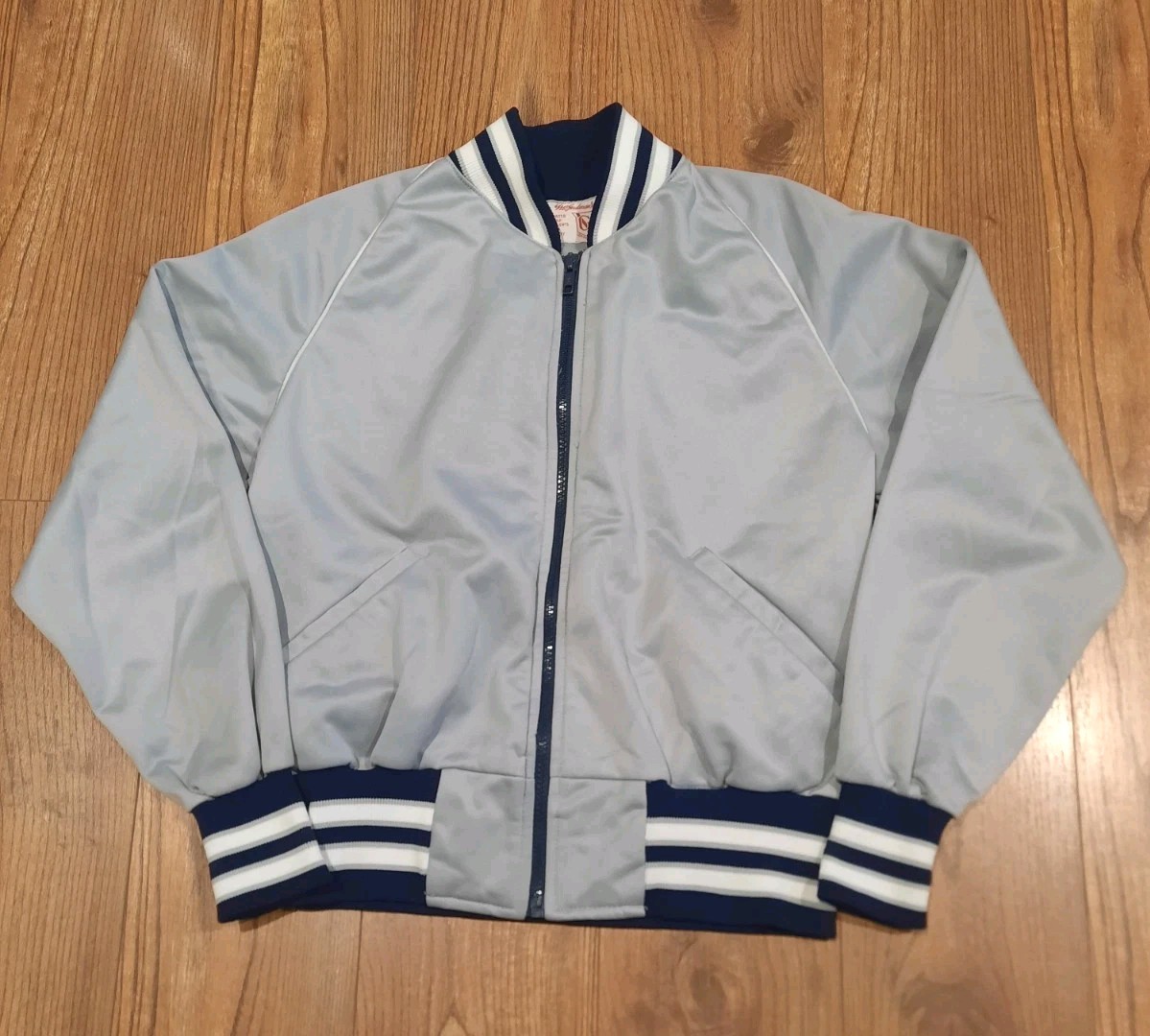 VTG 80s W.A. Goodman Sons Bomber Jacket Silver Grey Blue Varsity Striped Size XS