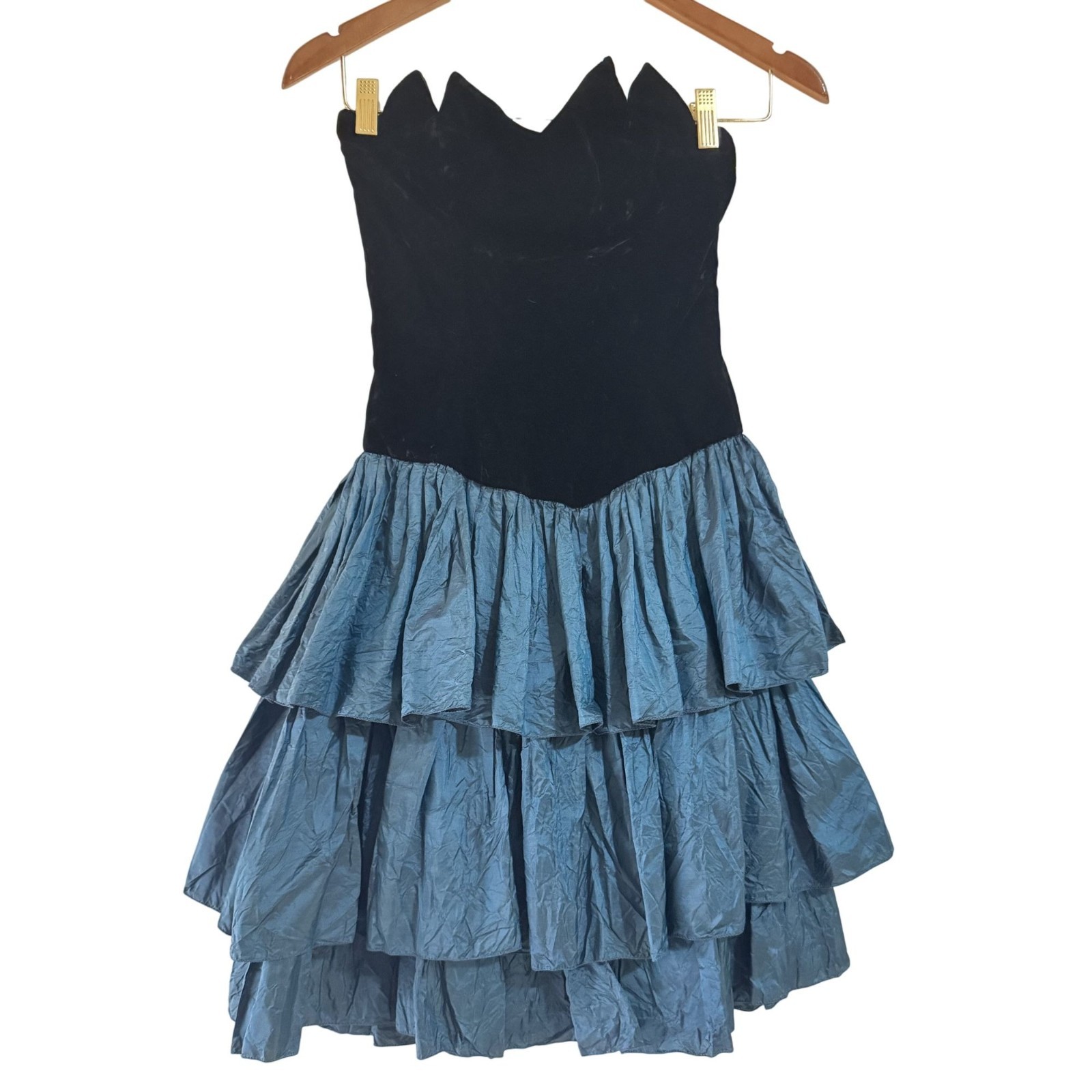 Vintage Henri Bendel Vicky Tiel Velvet Black&Teal Layered Strapless Mini Dress P