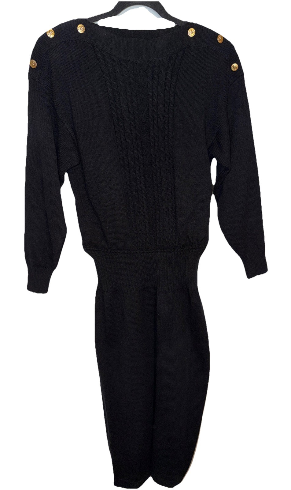 Vintage Plain Jane Sweater Dress M Black Gold Button Cable Knit 80s 90s Classic