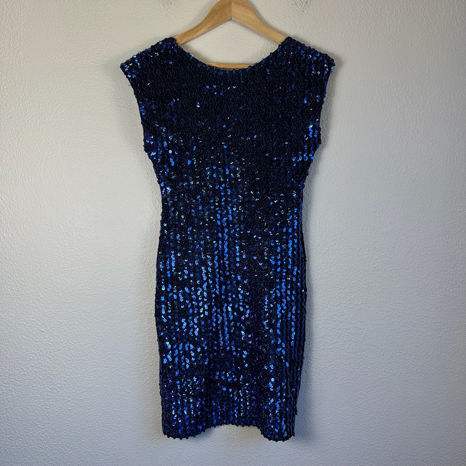 Vintage 90s Glenrob Sequin Dress Womens S Blue Back Mini Sleeveless Made in USA
