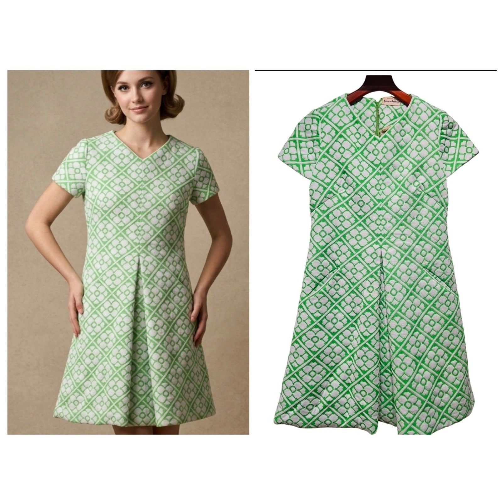 Frances Brewster Shift Dress Womens Medium Green White 60s Mod Geometric Mini