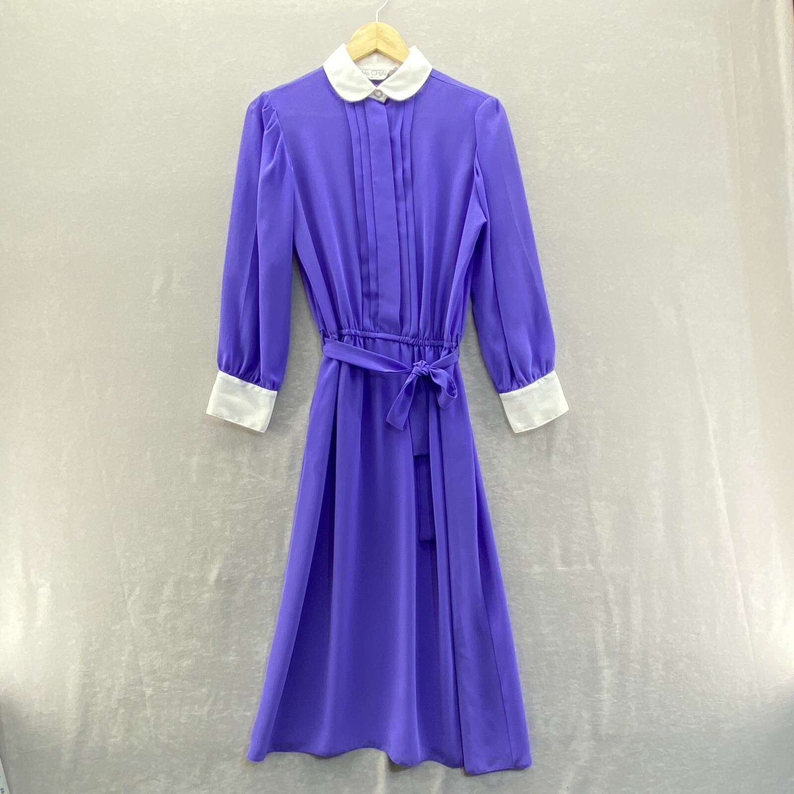 Vintage Purple Fully Sheer Dress White Collar / Cuff Size 8 Modest Belt Ms Chaus