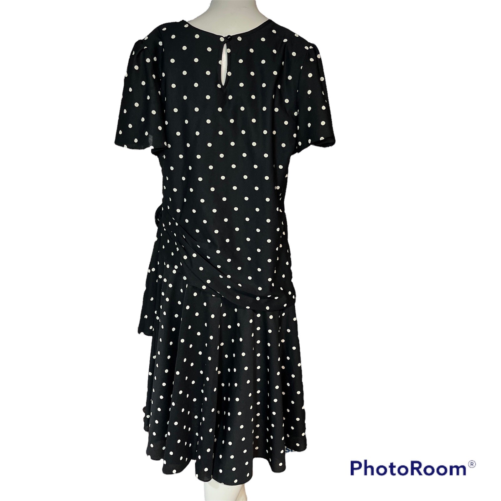 Vintage Black Dress Size 15 16 Black White Polka Dot Gathered Party Classic 80s
