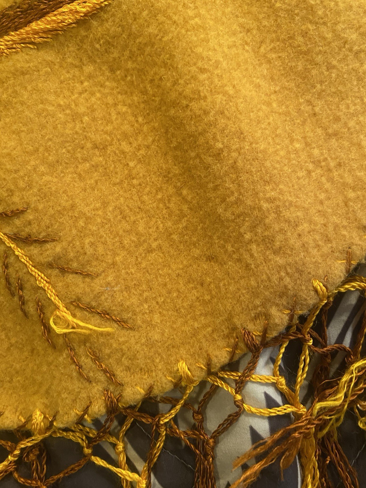Vintage 60s Fringe Embroidered Wool Poncho Cape Flowers Yellow Women’s OSFM