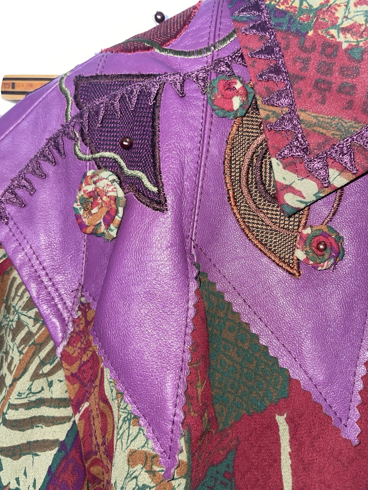 Vintage Marc D’Alcy Blouse Size 2 Abstract Purple Faux Leather Trim Shirt