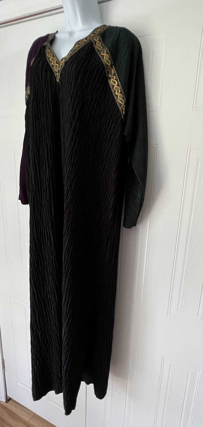 Avon Vintage Festive Caftan Women Size L/XL Black Purple Green And Gold Crinkle