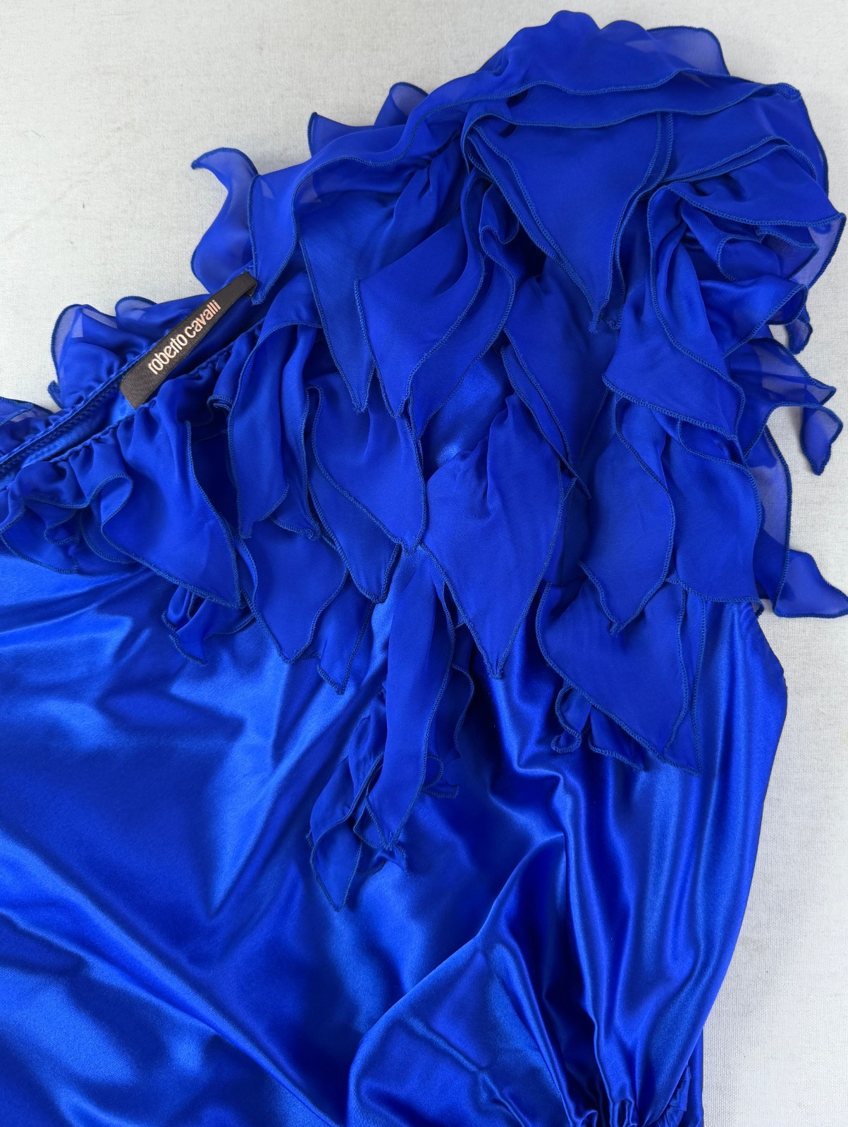 Vintage ROBERTO CAVALLI One Shoulder Silk Dress 46 10 US Blue Ruffle Detail