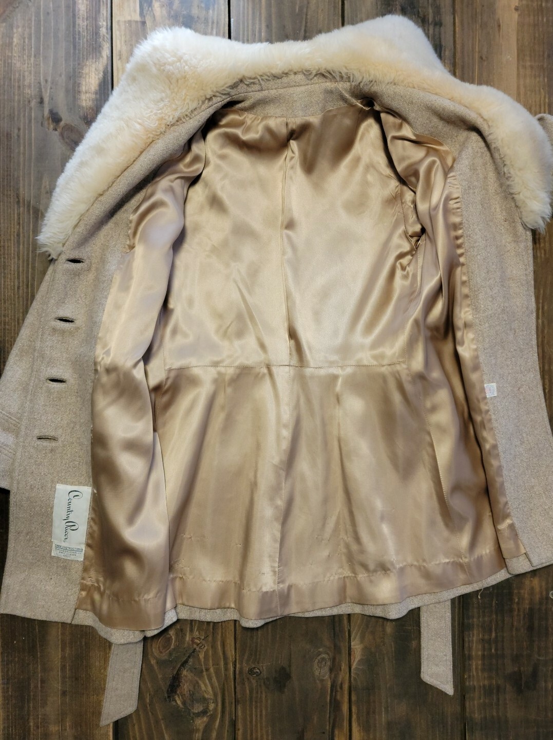 Vtg Country Pacer Wool Long Belted Shearling Fur Collar Women’s Coat Sz L