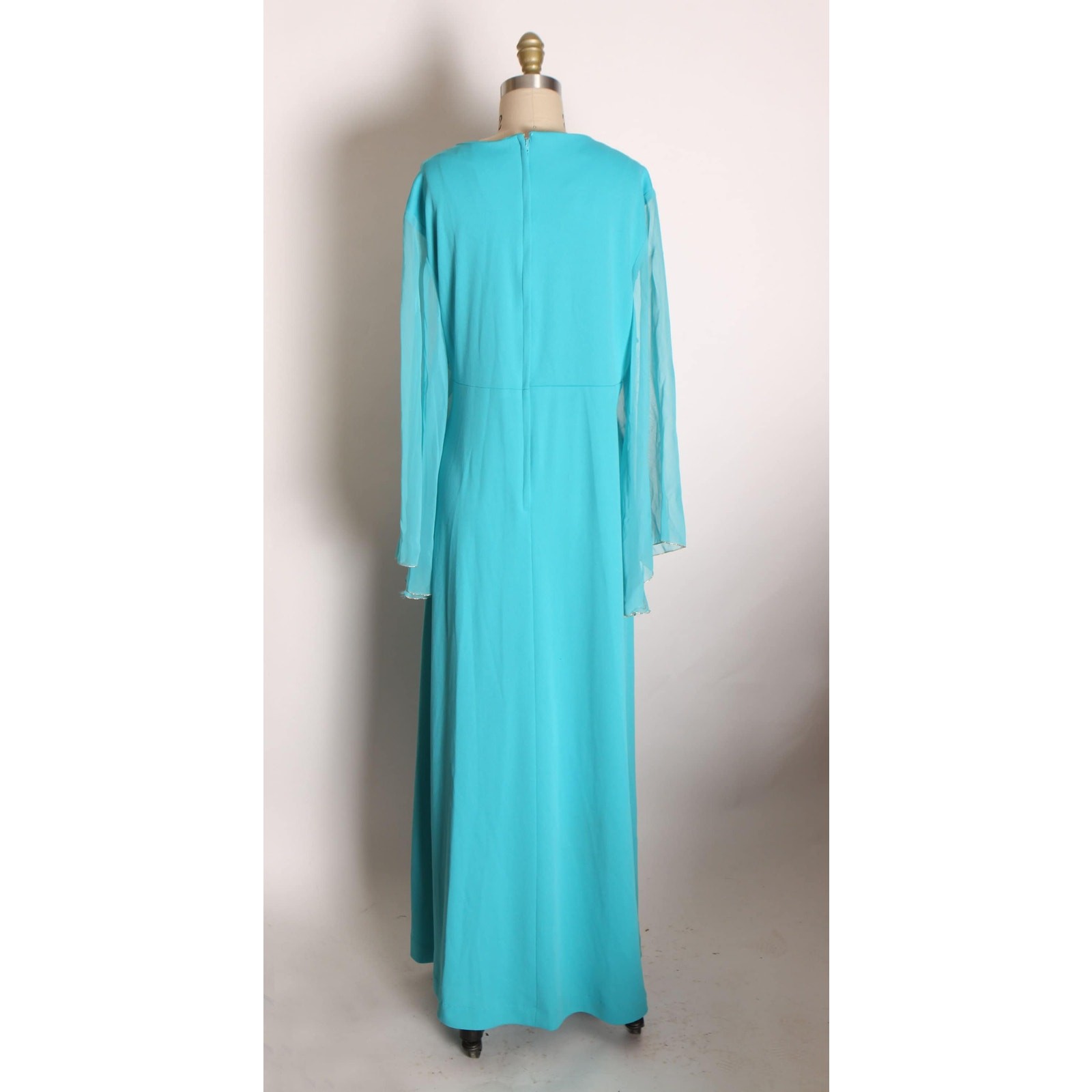 1970s Turquoise Blue Gold Angel Wing Sleeve Formal Plus Size Dress by Lily Lynn