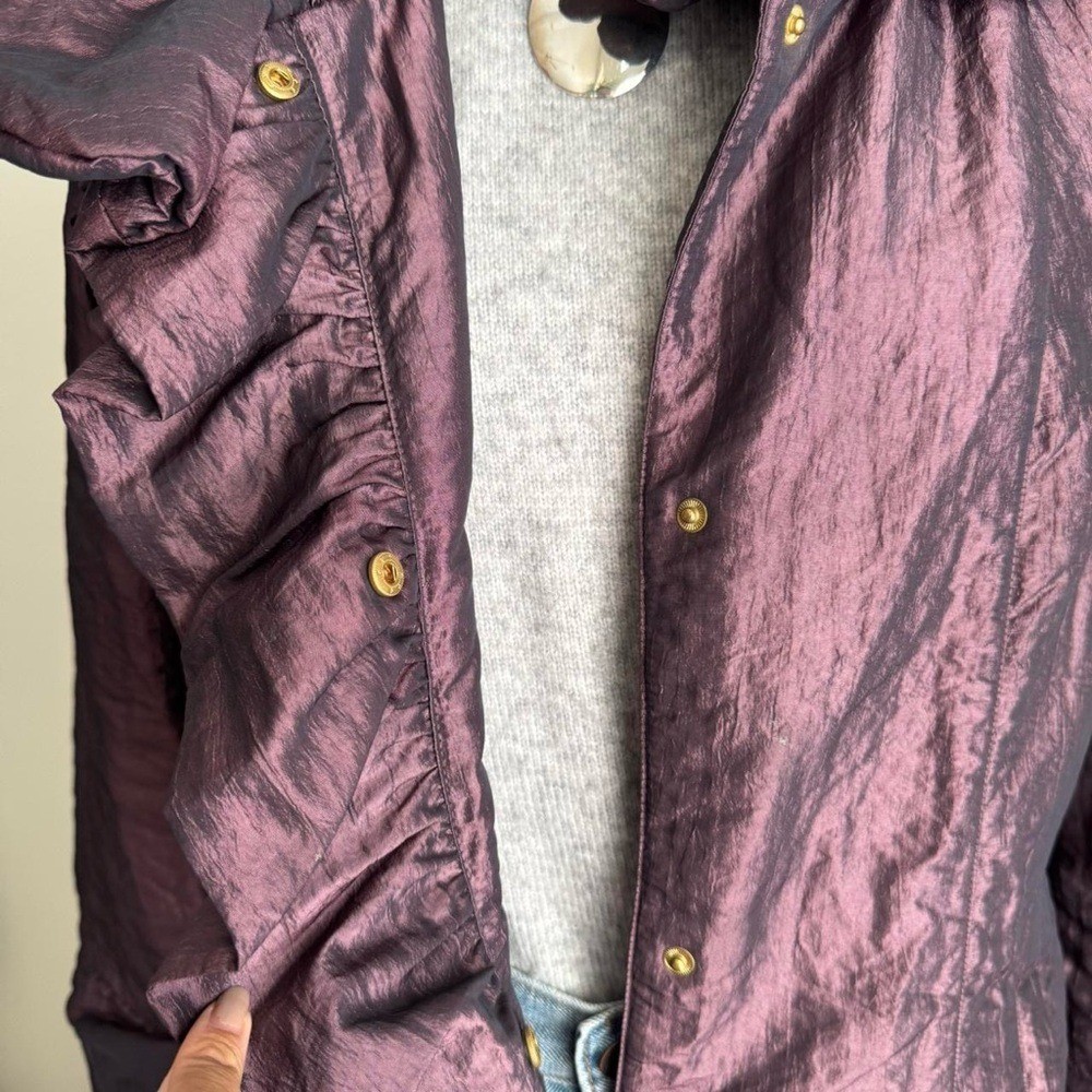 Vintage Iridescent Purple Ruffle Coat High Neck Funnel Lightweight Small