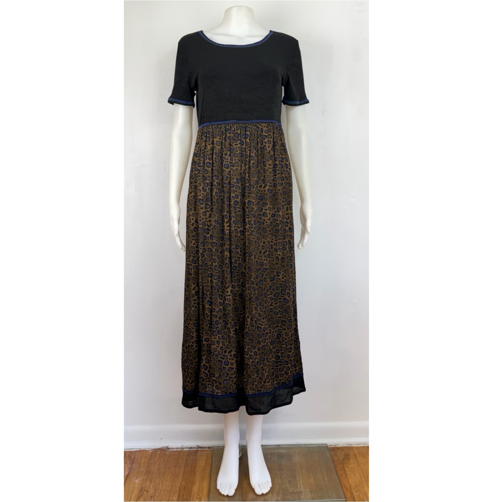 Vintage Carole Little Leopard Print Midi Dress Size Small 4 Black Ribbed Knit