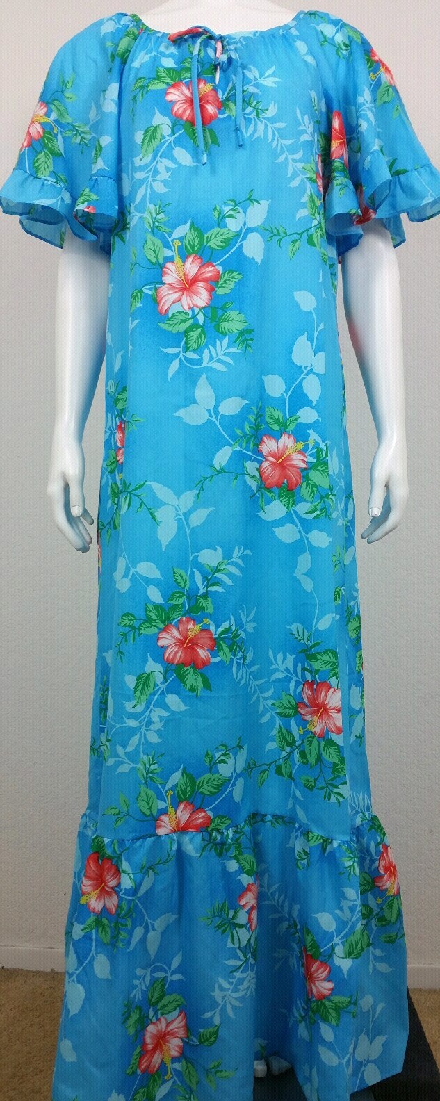 VTG Kimo’s Polynesian Shop Womens Dress Blue Floral Hawaiian Maxi Short Sleeved