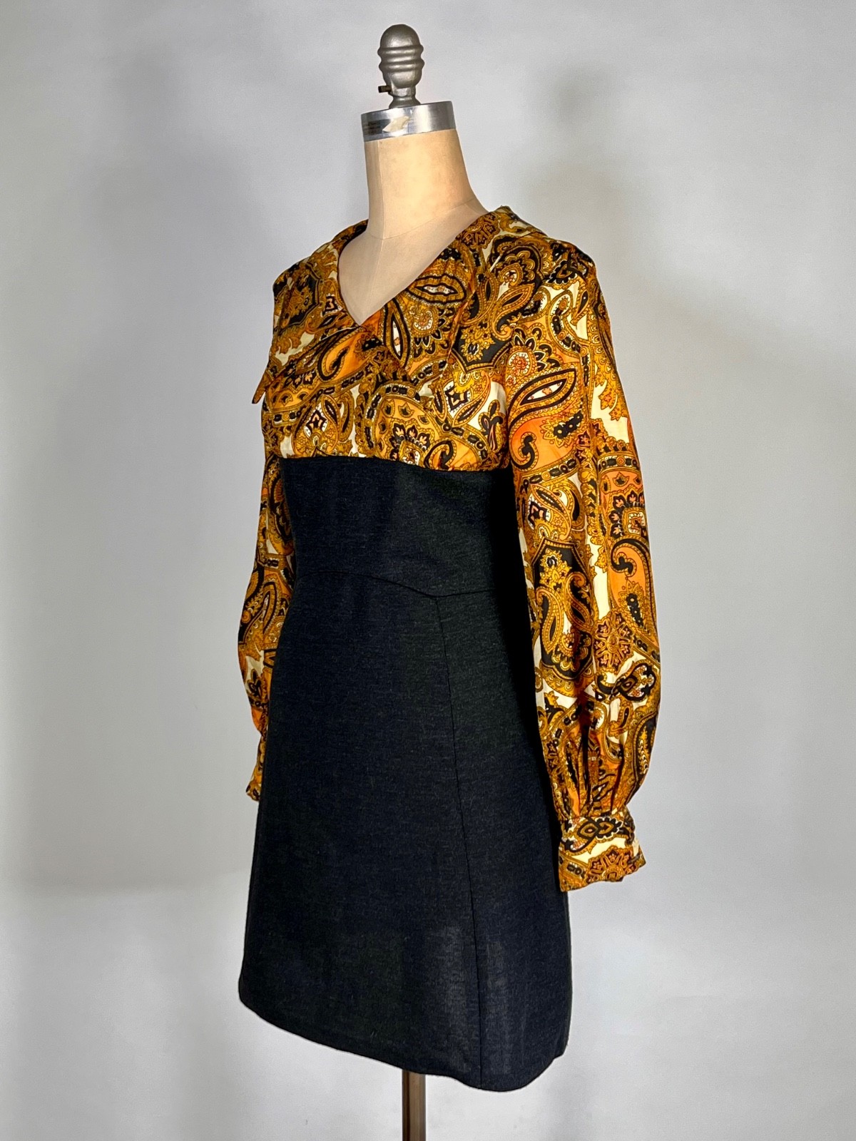 Vintage 1960’s-1970’s Kelly Arden (petite) grey, paisley dress & vest 2-pc. set
