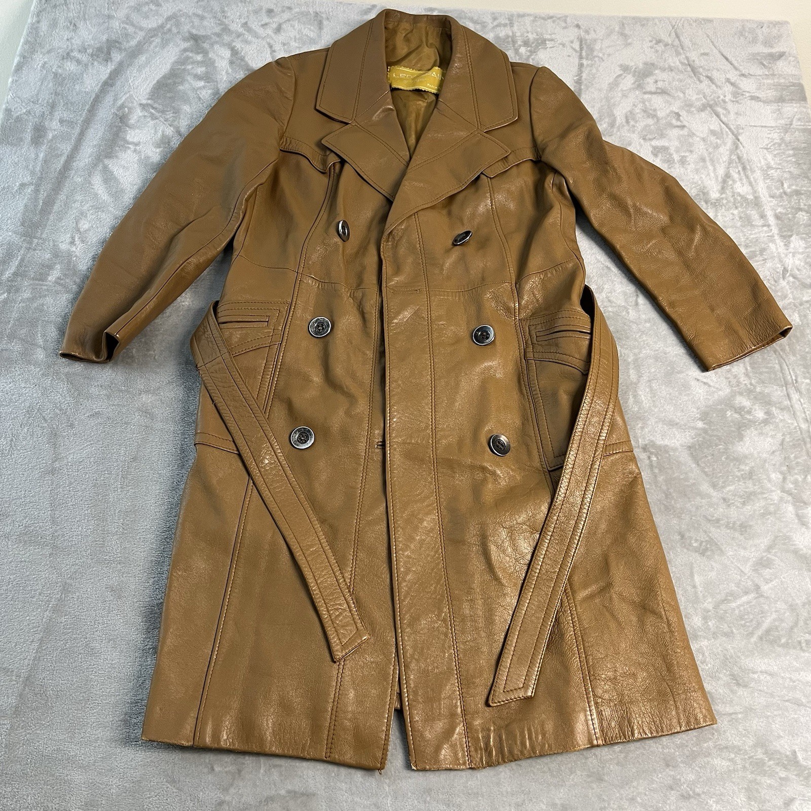 Vintage Ledaspain Leather Trench Coat Brown Belted Spain 100% Leather Retro