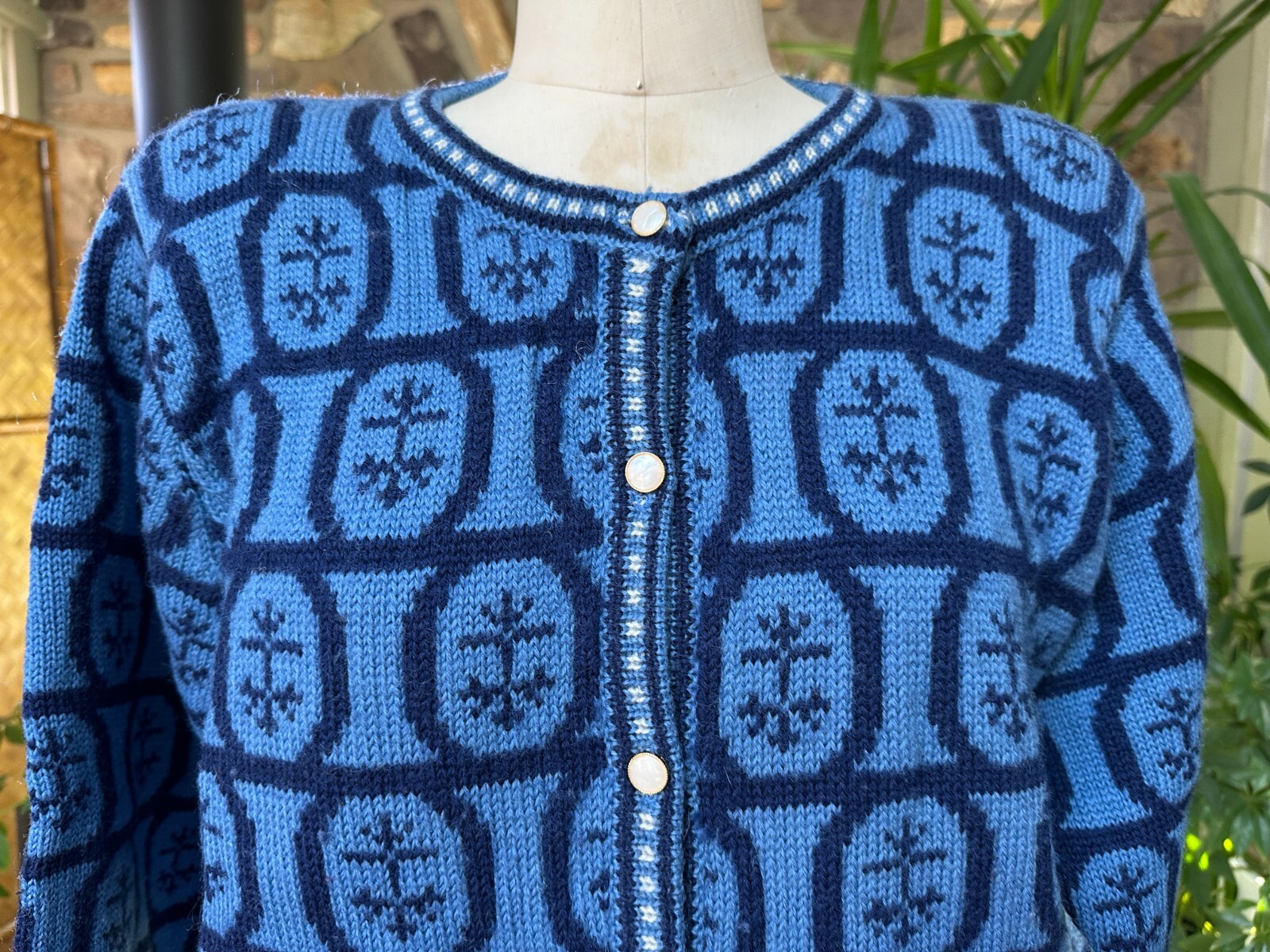 Vintage 1980s 2 Tone Blue Wool Cardigan Sweater with Shoulder Pads J Christopher