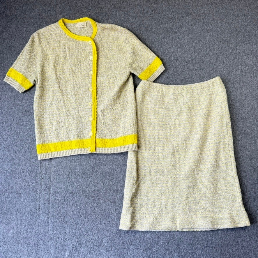 Vintage Carlotta Knit Skirt Set Yellow Grey Marled Short Sleeve Cardigan 2pc