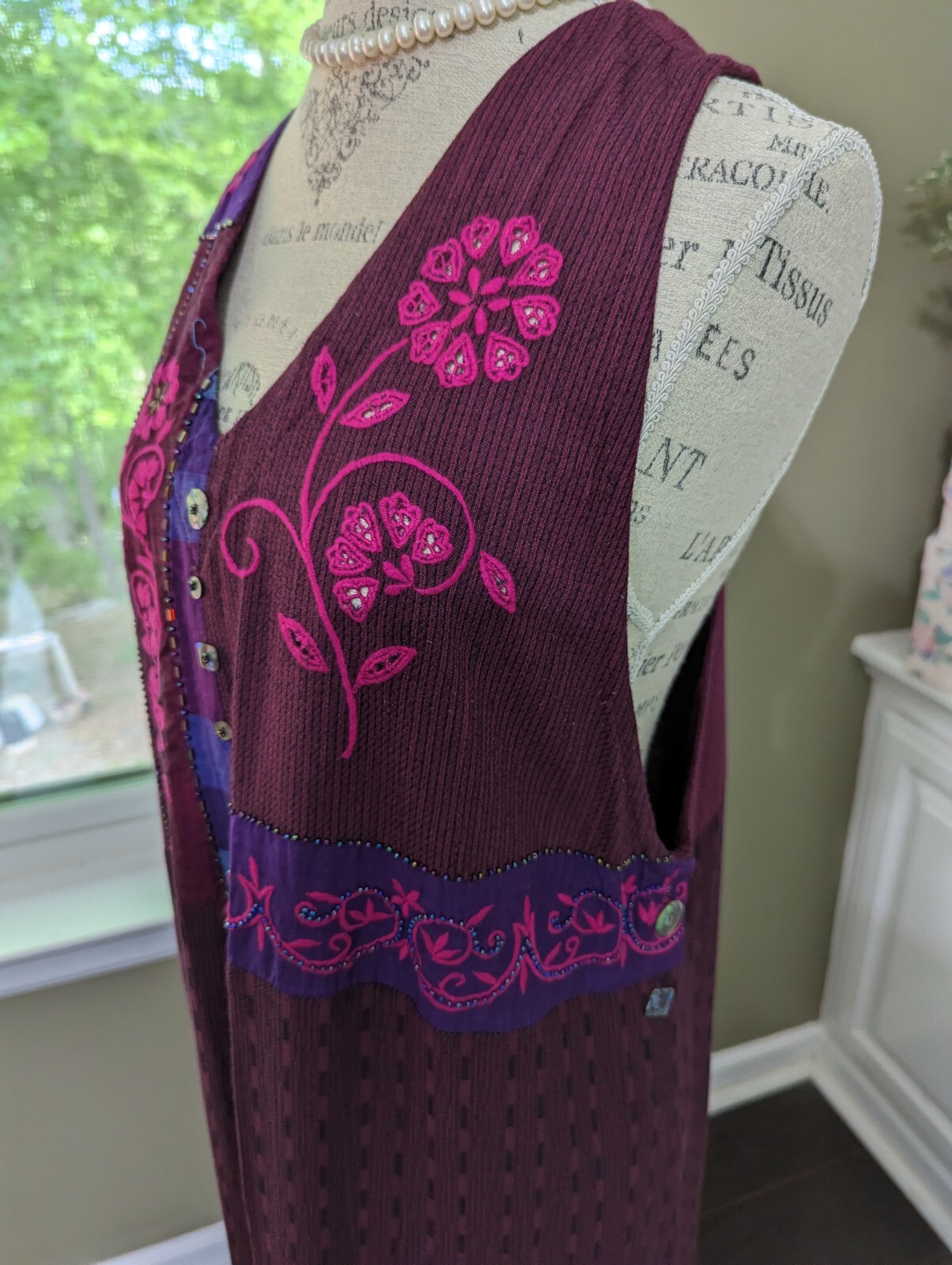 VTG LONG DRESS/ROMPER w/Diff. Fabrics-Embr-Beads-Mother of Pearl Accents-size L