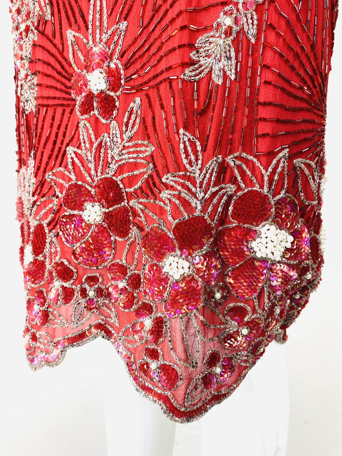 Vintage NAEEM KHAN LILLIE RUBIN Red Floral Bead Sequin Cocktail Dress Gown, XS
