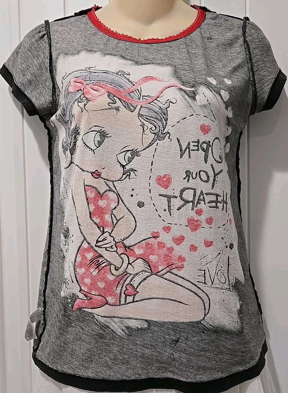 Vtg. Betty Boop T-Shirt „Open Your Heart” Black Short Sleeve Rhinestone Bow- M