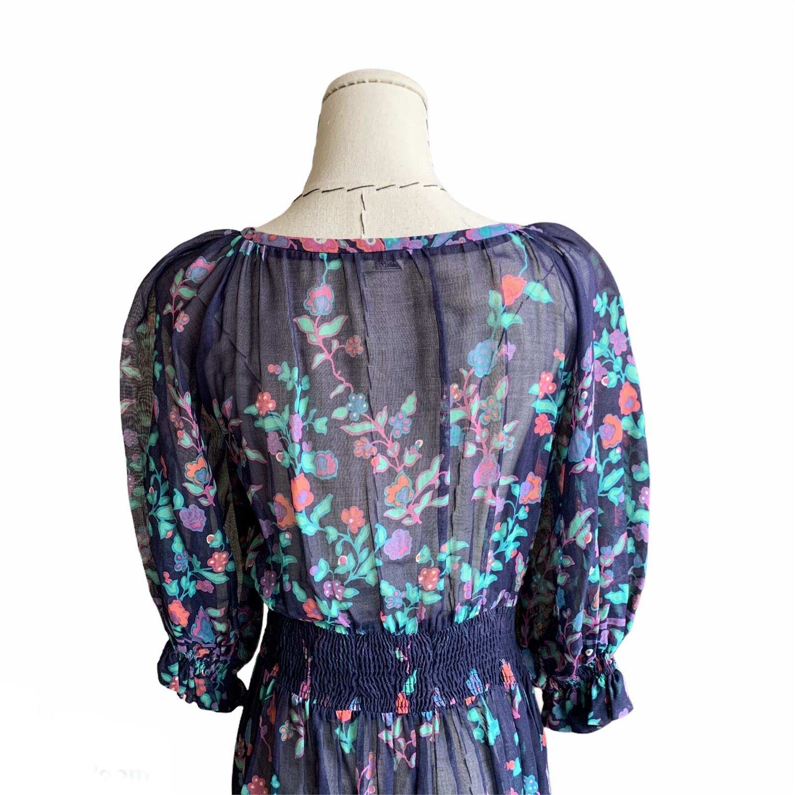 Vintage 70s Ted Lapidus Boutique Floral Day Dress Puff Sleeve Peasant Boho Sm