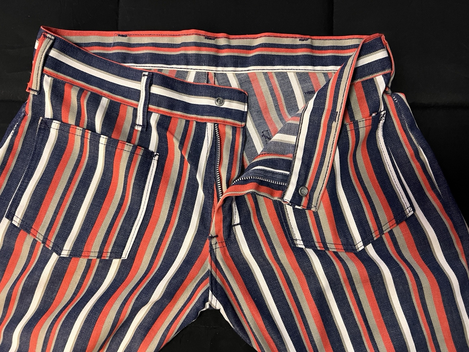Vintage 70s Handmade Pants Black Orange & White Stripes 30×29