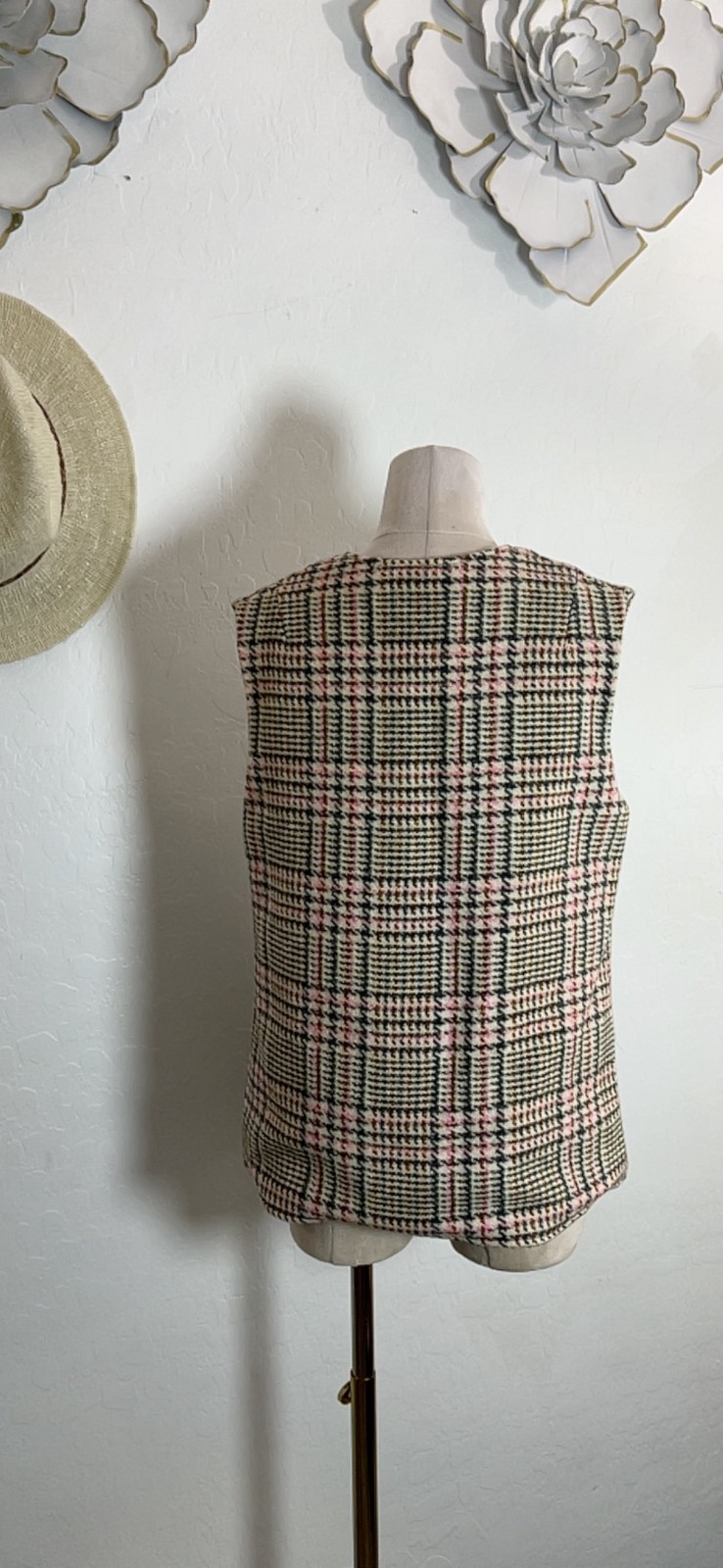 RUSS vtg wool houndstooth vest 12 preppy equestrian academia pink gray beige
