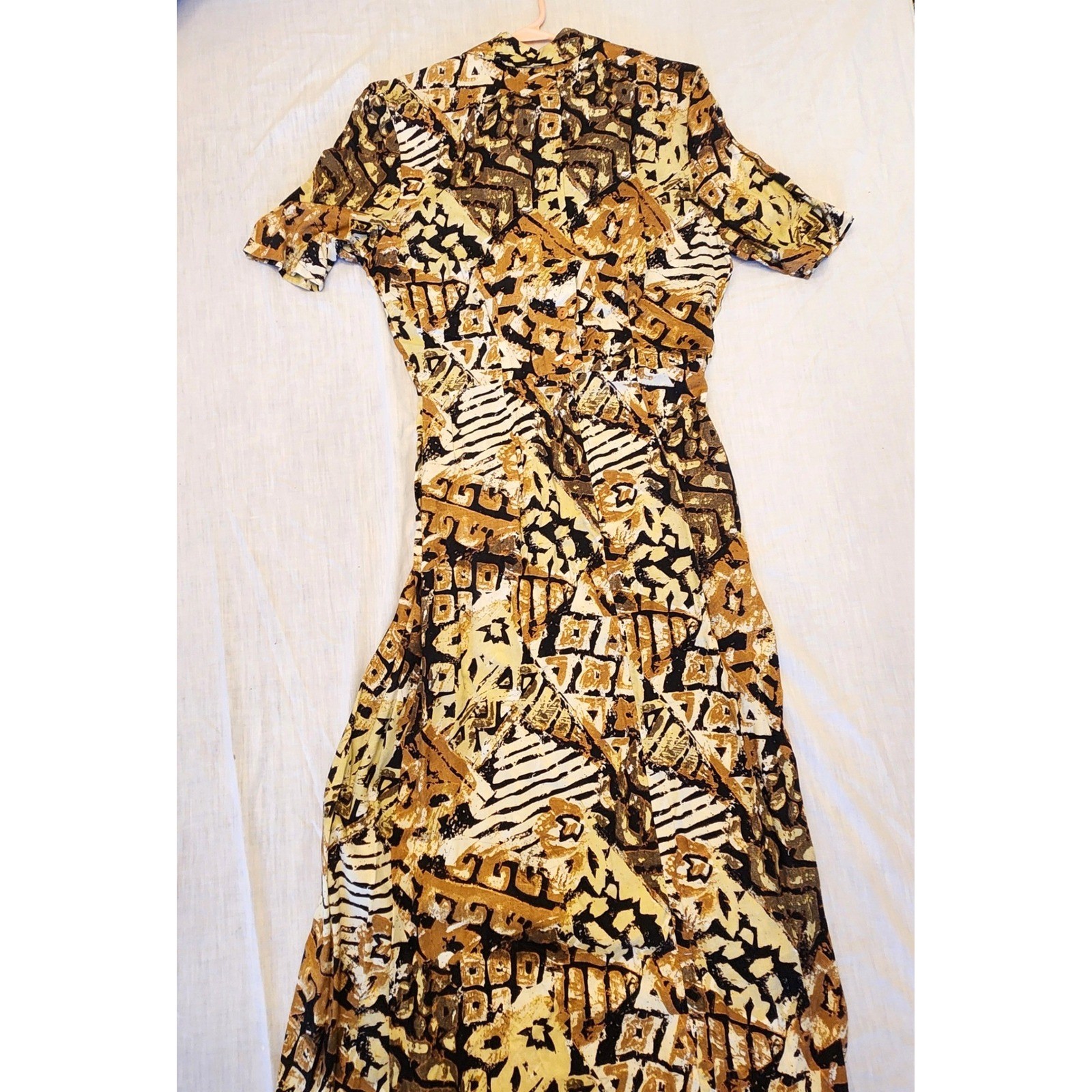 Vtg 80s Betsys Things Abstract Geometric Print Maxi Shirt Dress Brown Tan Black