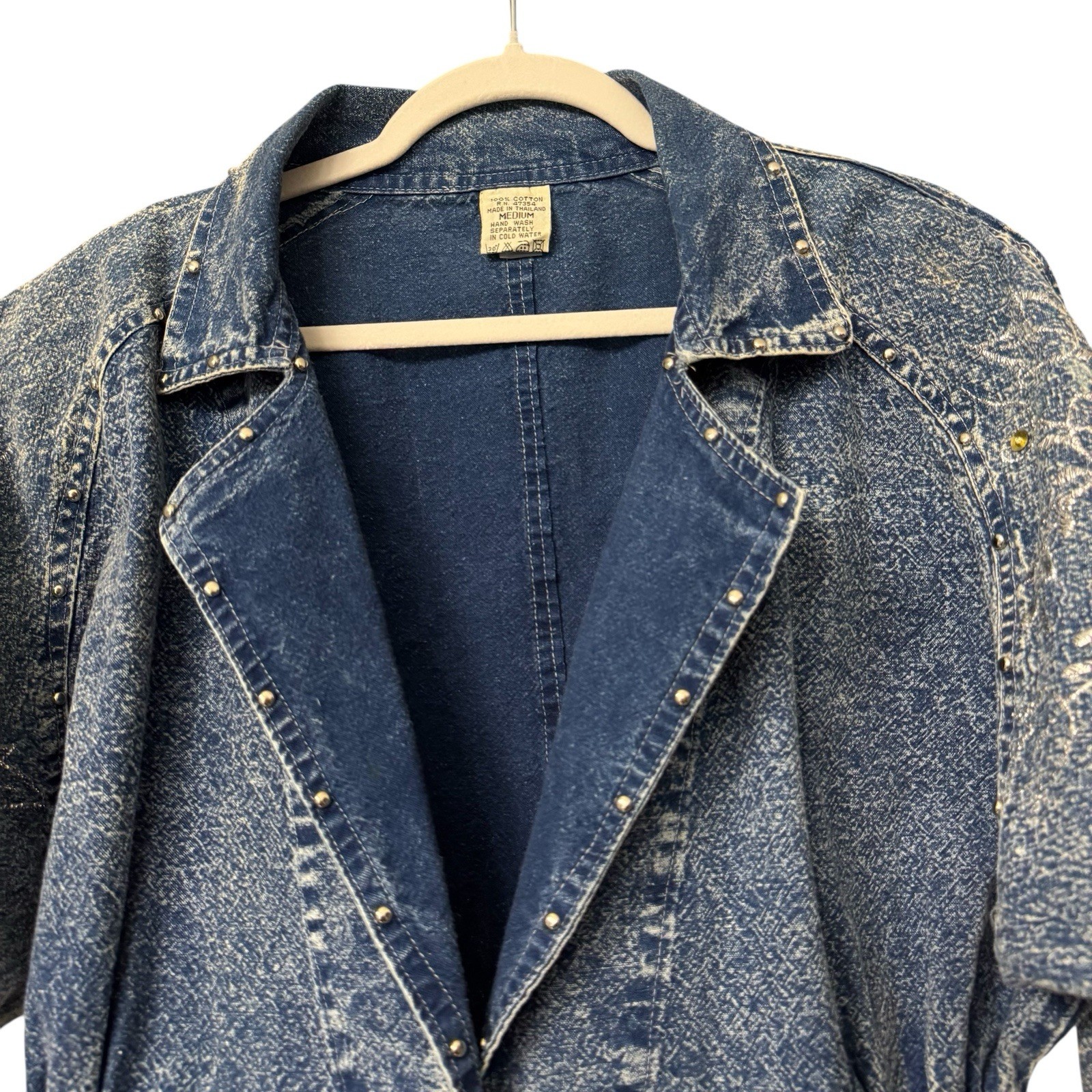 80s Denim Jacket Short Acid Wash Floral Embroidery Embellished Crop Sz M Vtg EUC