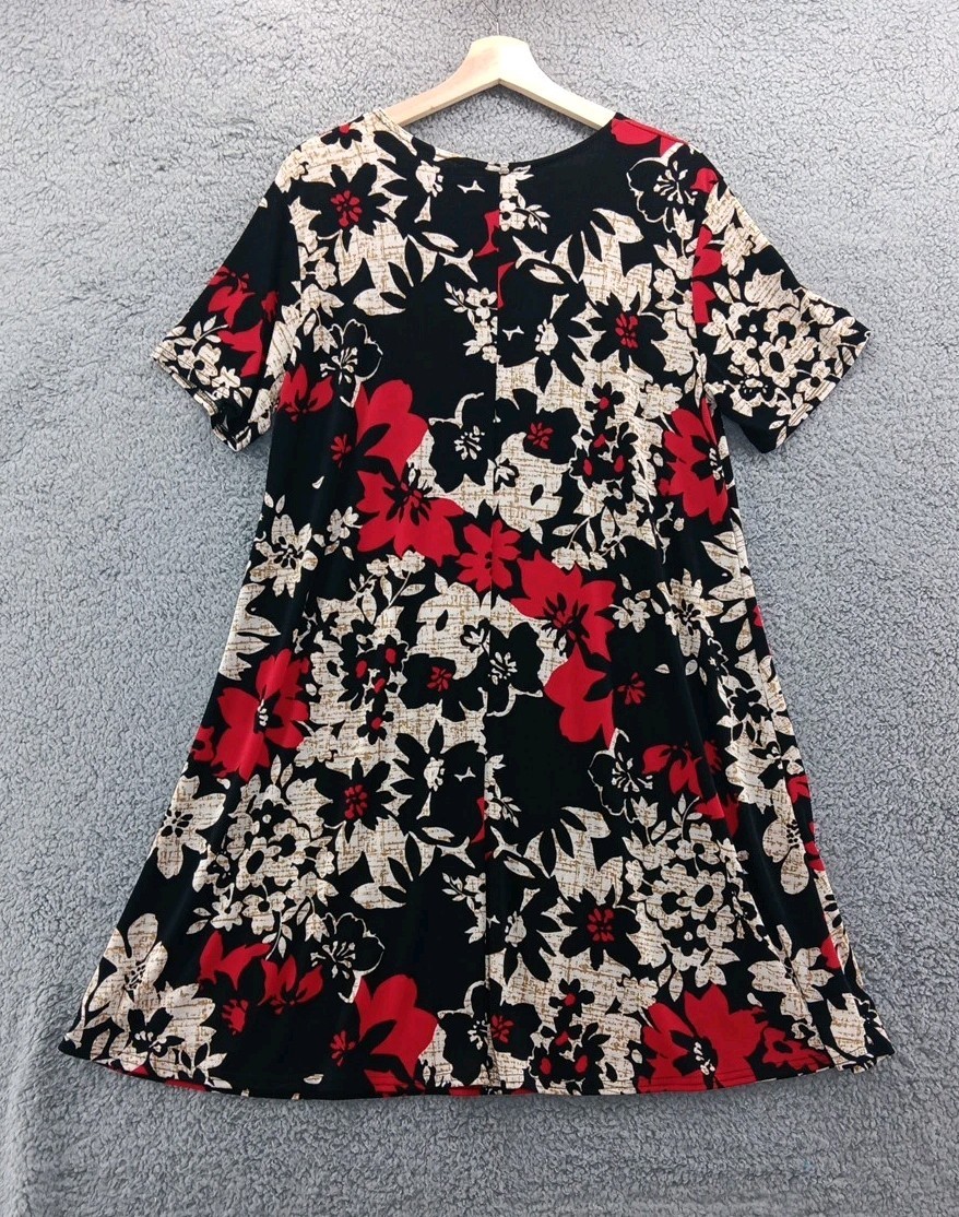 Vintage JOSTAR Slinky Jersey Floral Short Sleeve Travel Dress Black Red Size XL