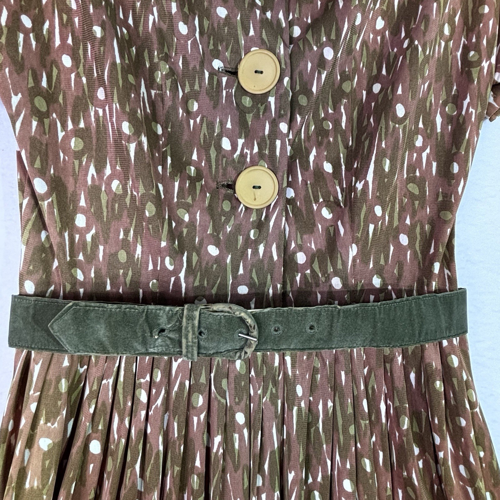 Vtg 60s Claire Tiffany Traveler Tea Dress 3 large buttons belted brown/green