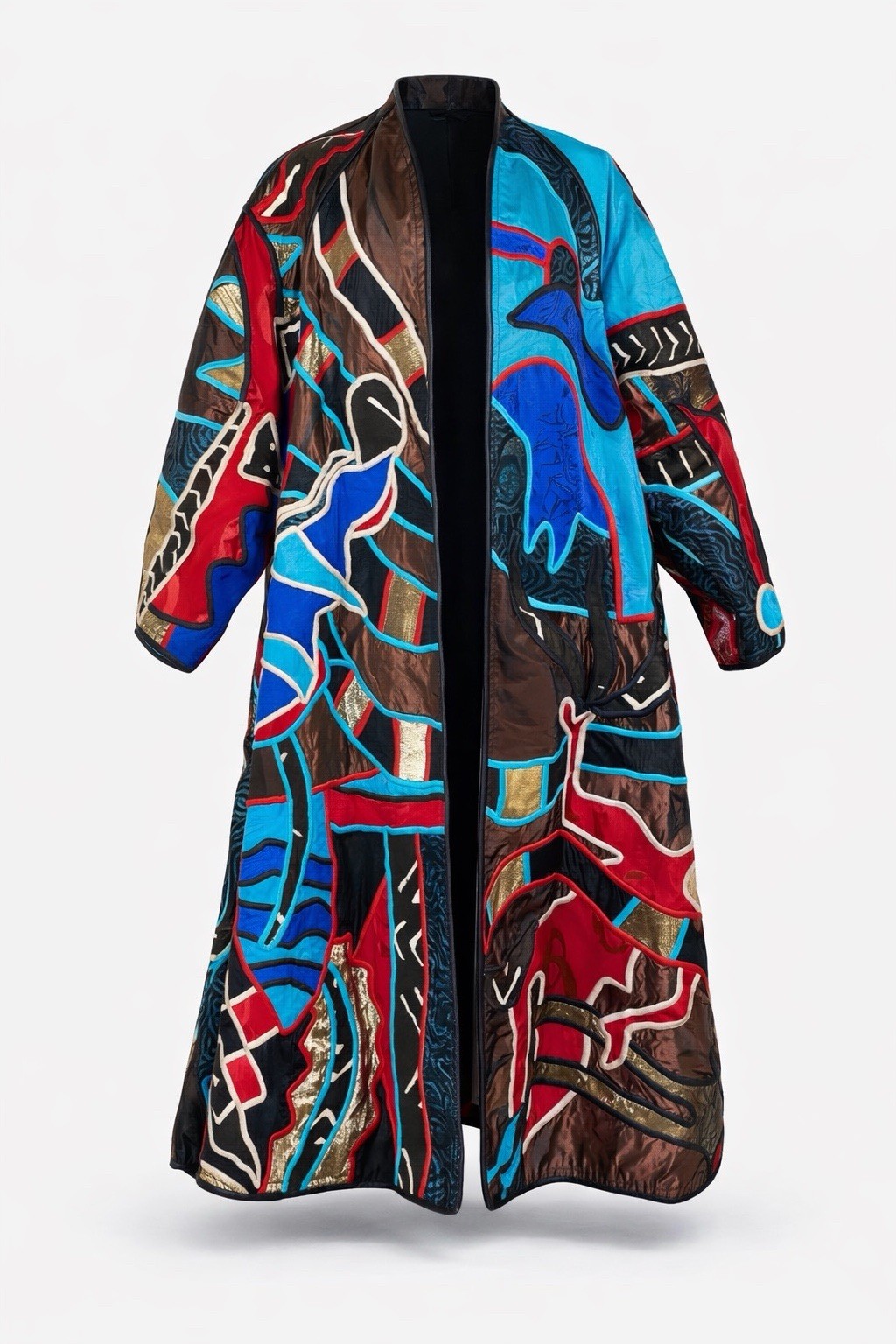 Vintage 80s Judith Roberts Patchwork Mermaid Embroidered Mudcloth Long Coat