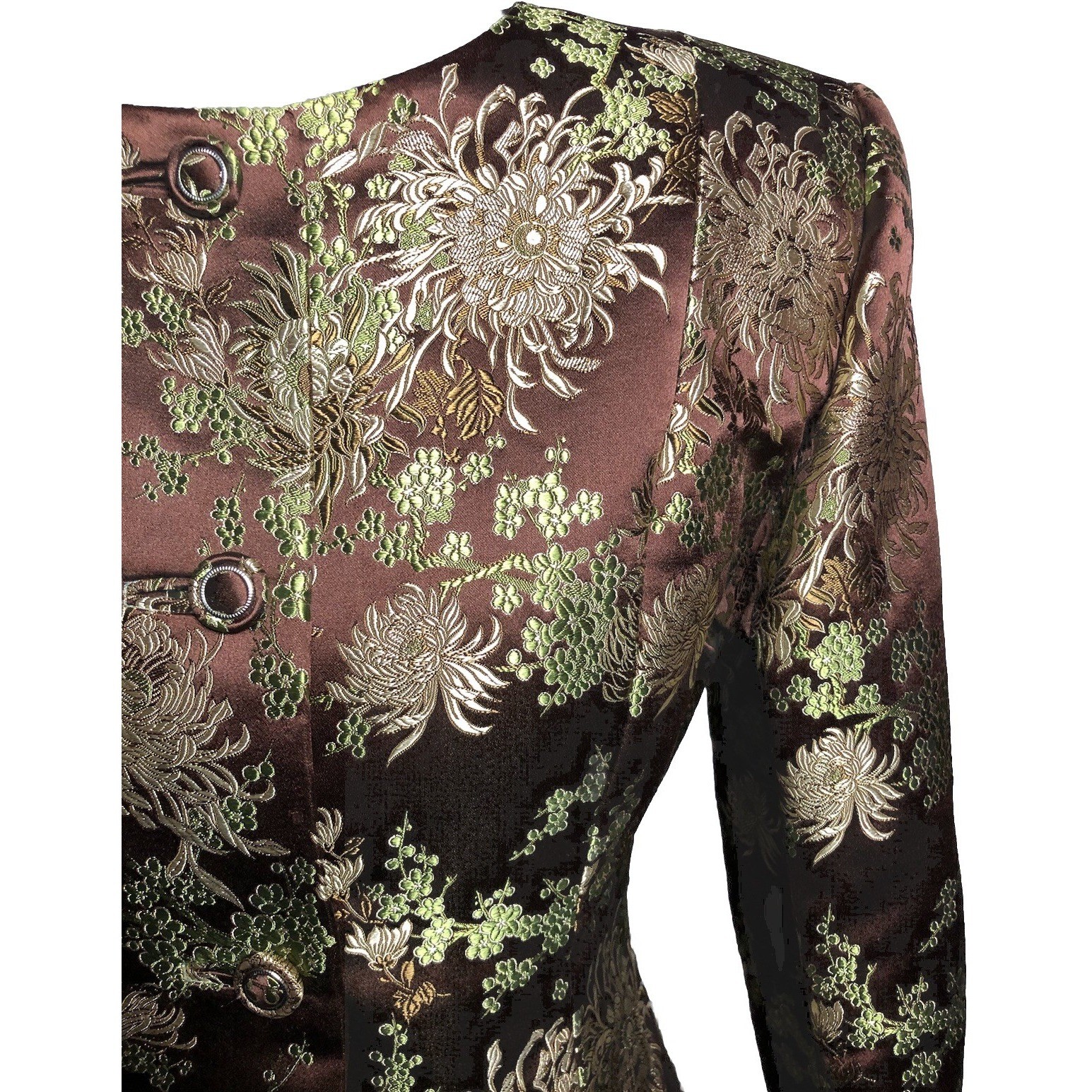 Vtg 70s 80s Brown Brocade Skirt Suit Metallic Floral XS S 2–4 Jacket Skirt Set
